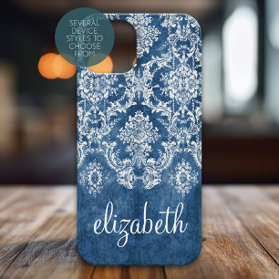 Saphire Blue Vintag Damask Muster und Name Case-Mate iPhone 14 Pro Max Hülle