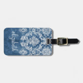 Saphire Blue Vintag Damask Muster und Name Gepäckanhänger (Vorderseite horizontal)