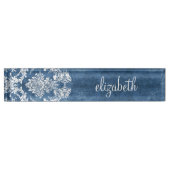 Saphire Blue Vintag Damask Muster und Name Namensplakette (Vorderseite)