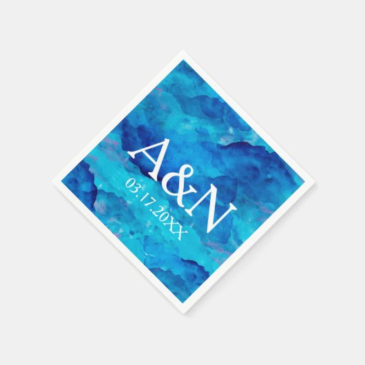Saphire Blue Watercolor Wedding Monogram Serviette (Ecke)