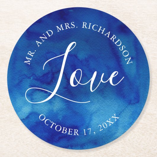 Saphire Tide Wedding Liebe Monogram Paper Unterset Runder Pappuntersetzer (Vorderseite)