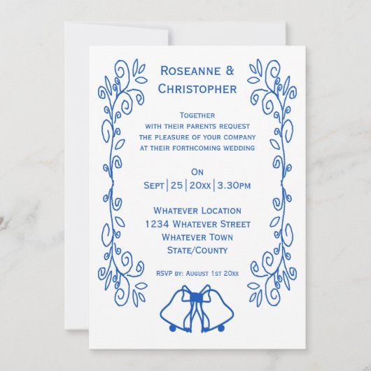Saphire Wedding Invitation Bells Scrollwork Einladung (Vorderseite)