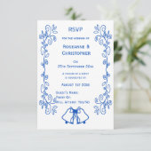 Saphire Wedding RSVP Card Bells Scrollwork (Stehend Vorderseite)