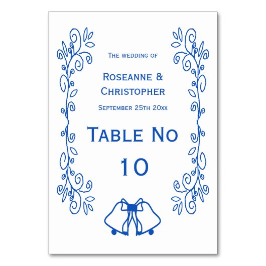 Saphire Wedding Table Card Bells Scrollwork Tischnummer (Vorderseite)