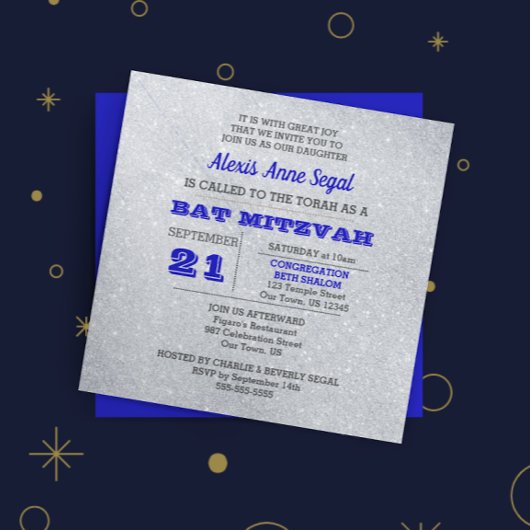 Sapphire and Silver Glitzer Glam Bat Mitzvah Einladung