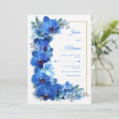 Sapphire Azure Gilded Orchid Botanical Wedding Einladung (Stehend Vorderseite)