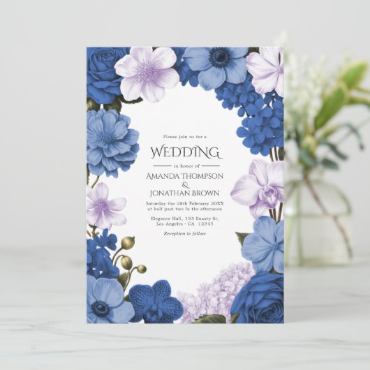 Sapphire Bloom , Cornflower Glow & Soft Shell Einladung (Stehend Vorderseite)