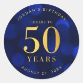 Sapphire Blue Bokeh freut sich auf 50 Jahre Geburt Runder Aufkleber (Vorderseite)