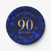 Sapphire Blue Bokeh freut sich auf 90 Jahre Geburt Pappteller (Vorderseite)