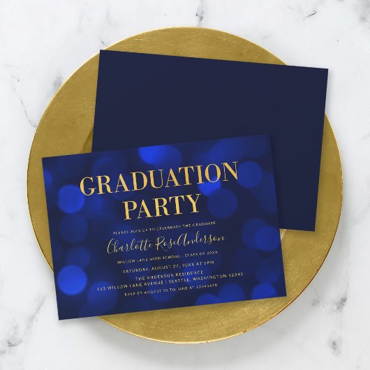 Sapphire Blue Bokeh Imitate Gold Graduation Party Einladung
