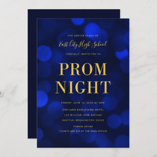Sapphire Blue Bokeh Lights Gold High School Prom Einladung