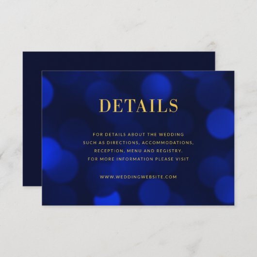 Sapphire Blue Bokeh Lights Gold Wedding Details Begleitkarte (Vorne/Hinten)