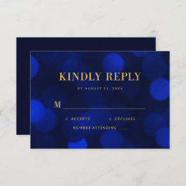 Sapphire Blue Bokeh Lights Gold Wedding RSVP Karte
