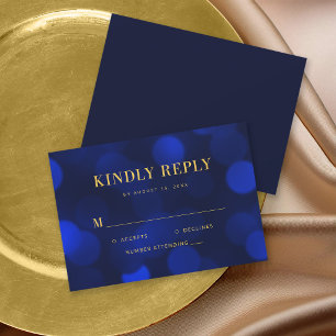 Sapphire Blue Bokeh Lights Gold Wedding RSVP Karte
