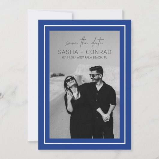 Sapphire Blue Bold Border Foto Moderne Hochzeit Save The Date (Vorderseite)