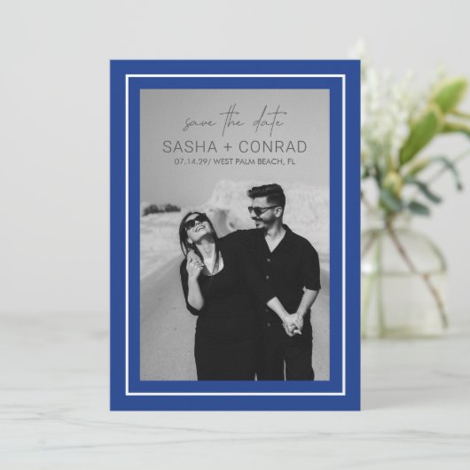 Sapphire Blue Bold Border Foto Moderne Hochzeit Save The Date (Stehend Vorderseite)