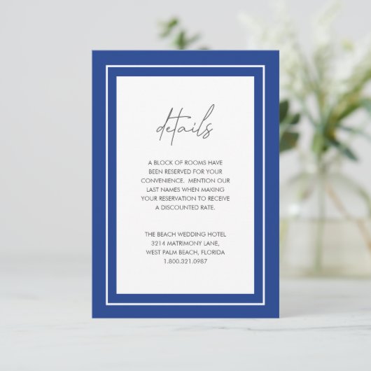 Sapphire Blue Bold Border Moderne Hochzeit Begleitkarte (Stehend Vorderseite)