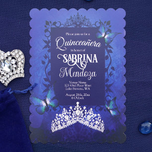 Sapphire Blue, Diamond Tiara Butterfly Quinceanera Einladung