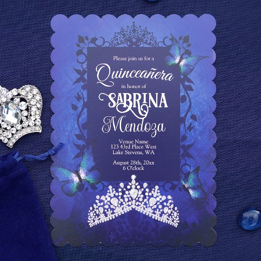 Sapphire Blue, Diamond Tiara Butterfly Quinceanera Einladung