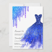 Sapphire Blue Dress Glitzer Tropfens 16 . Geburtst Einladung (Vorderseite)