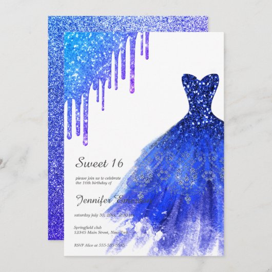 Sapphire Blue Dress Glitzer Tropfens 16 . Geburtst Einladung (Vorne/Hinten)