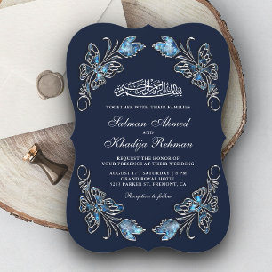 Sapphire Blue Floral Butterfells Islamische Hochze Einladung