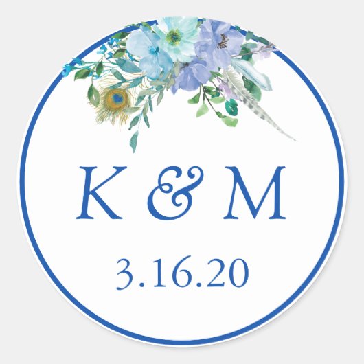 Sapphire Blue Floral Monogram Gastgeschenk Hochzei Runder Aufkleber (Vorderseite)