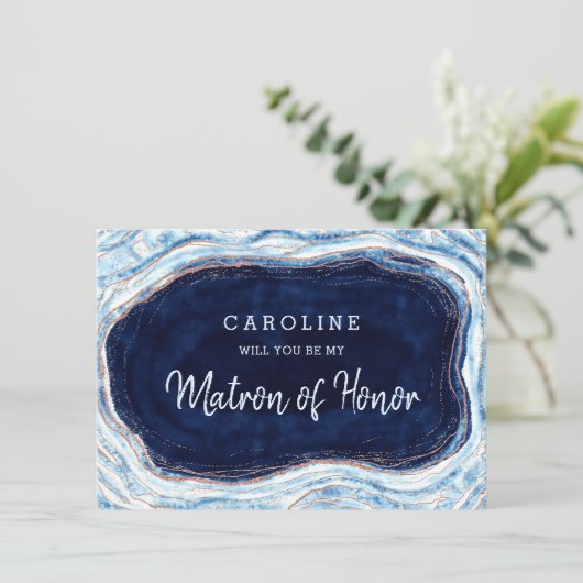 Sapphire Blue Geode Matron of Honor Vorschlag Card (Stehend Vorderseite)