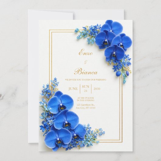 Sapphire Blue Gilded Orchid Botanical Wedding Einladung (Vorderseite)