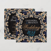 Sapphire Blue Gold Lace Jewel Wedding Einladungen (Vorne/Hinten)