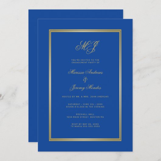 Sapphire Blue Gold Monogram Engagement Party Einladung (Vorne/Hinten)
