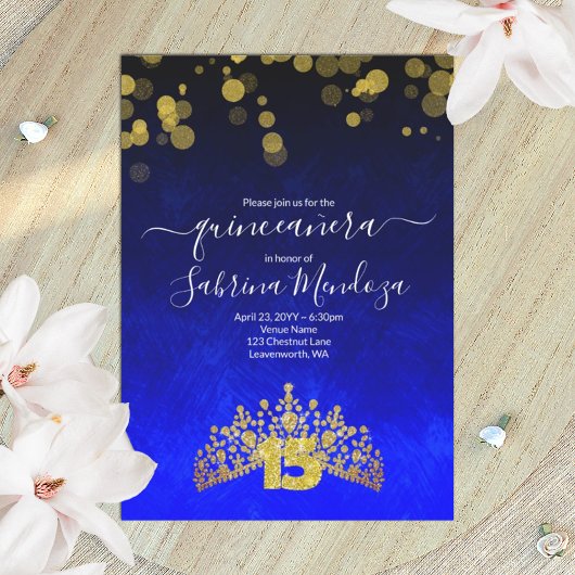 Sapphire Blue, Gold Tiara Quinceanera Einladung