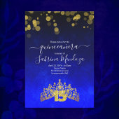 Sapphire Blue, Gold Tiara Quinceanera Einladung