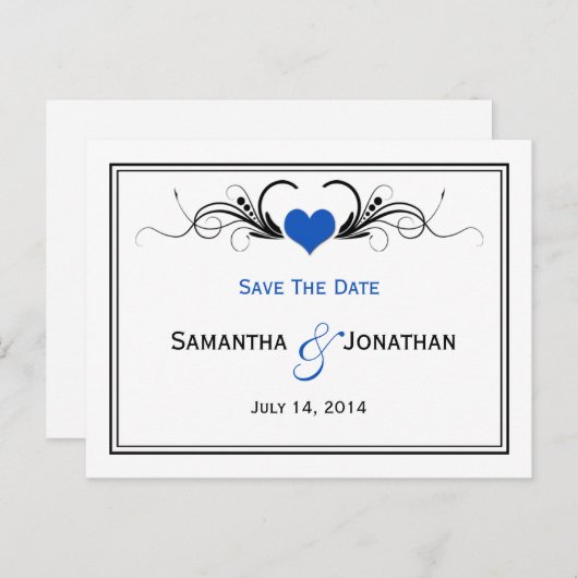 Sapphire Blue Heart Black Wirbel Save the Date Ankündigungspostkarte (Vorne/Hinten)