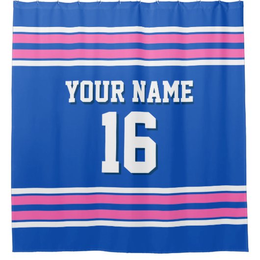 Sapphire Blue Hot Pink White Stripes Sports Jersey Duschvorhang (Vorderseite)