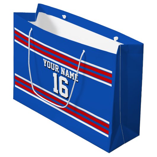 Sapphire Blue mit Red White Stripes Team Jersey Große Geschenktüte (Vorderseite Schrägansicht)