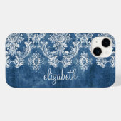 Sapphire Blue Moody Damask Muster und Name Case-Mate iPhone Hülle (Rückseite (Horizontal))