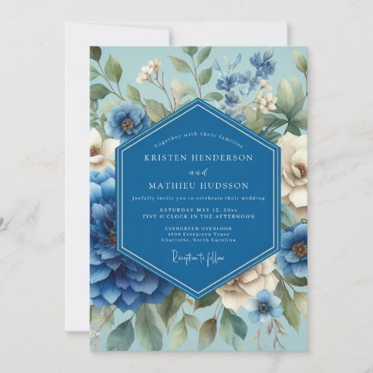 Sapphire Blue Painterly Bloom Wedding Einladung (Vorderseite)