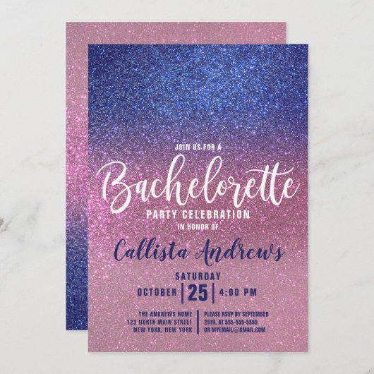 Sapphire Blue Pink Triple Glitzer Bachelorette Einladung (Vorne/Hinten)