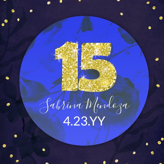 Sapphire Blue Quinceanera Gold #15 Round Sticker