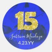 Sapphire Blue Quinceanera Gold #15 Round Sticker (Vorderseite)