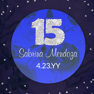 Sapphire Blue Quinceanera Silver #15 Round Sticker