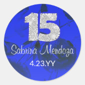 Sapphire Blue Quinceanera Silver #15 Round Sticker (Vorderseite)