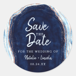 Sapphire Blue Rose Gold Geode Agate Save the Date Runder Aufkleber