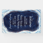 Sapphire Blue Rose Gold Geode Rock Wedding Willkom Banner (Horizontal)
