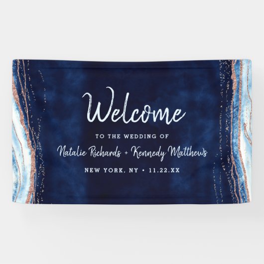 Sapphire Blue Rose Gold Geode Rock Wedding Willkom Banner (Horizontal)