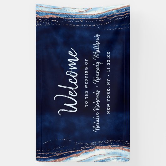 Sapphire Blue Rose Gold Geode Rock Wedding Willkom Banner (Vertikal)