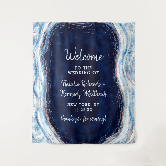 Sapphire Blue Rose Gold Geode Rock Wedding Willkom Wandteppich (Vorderseite)