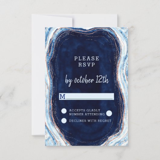 Sapphire Blue Rose Gold Geode Wedding RSVP Antwort (Vorderseite)