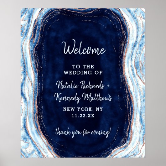 Sapphire Blue Rose Gold Geode Wedding Welcome Sign Poster (Vorne)